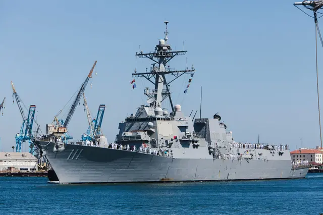 A file photo of the US Navy ship - it's a large grey warship