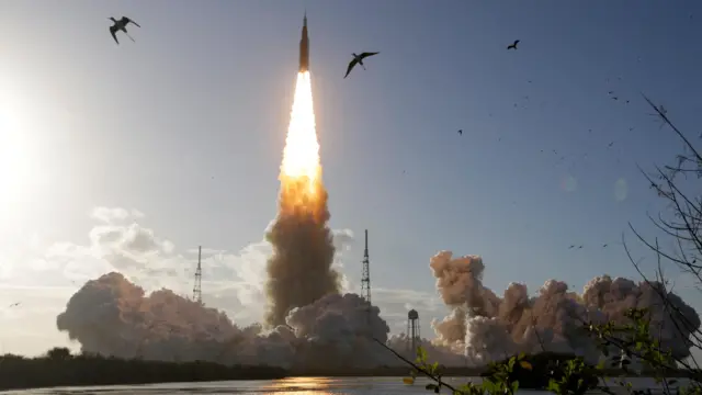 A picture of Nasa's rocket taking off. A smoke cloud erupts underneath while birds fly in the sky nearby