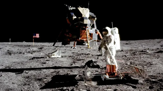 A photo showing Buzz Aldrin in his spacesuit on the moon