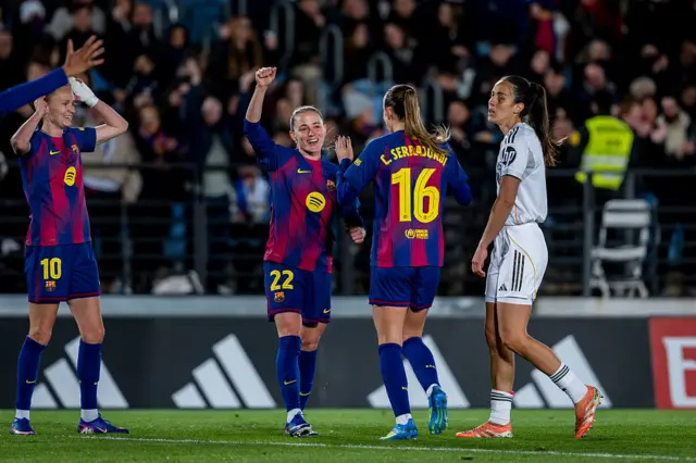 Barcelona players celebrate scoring in the league game at the weekend