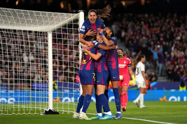 Barcelona players celebrate another goal v Madrid