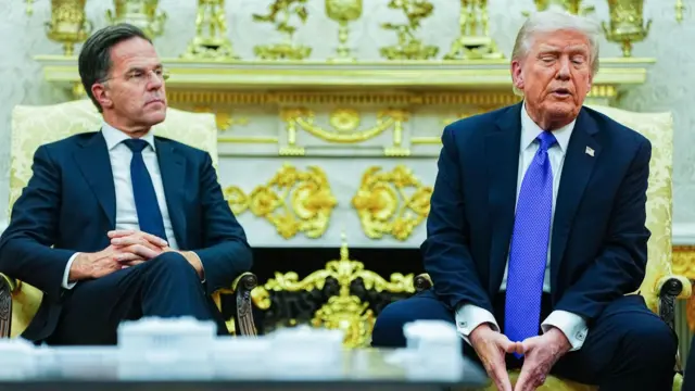 Nato Secretary General Mark Rutte and US President Donald Trump sit for a meeting in the Oval Office wearing suits.