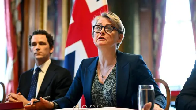 British Foreign Secretary Yvette Cooper speaks during a virtual summit.