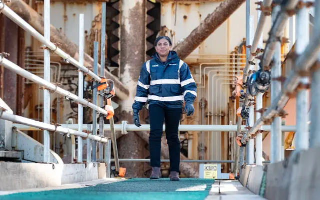 Conservative party leader Kemi Badenoch visits the Well-Safe Protector Oil Rig at Aberdeen's South Harbour