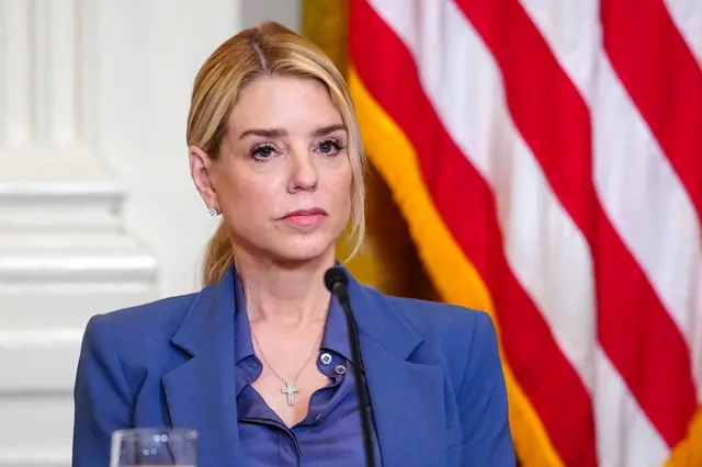 Pam Bondi, US attorney general, during a meeting with trustees of the John F. Kennedy Center for Performing Arts in the East Room of the White House