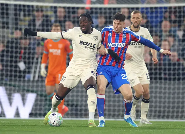 West Ham United's Axel Disasi and Crystal Palace's Jorgen Strand Larsen