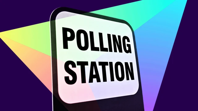 A graphic showing a polling station sign in front of a colourful background