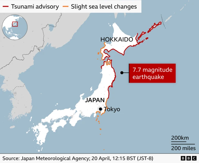 A map of Japan illustrating the tsunami advisories along its north-east coast