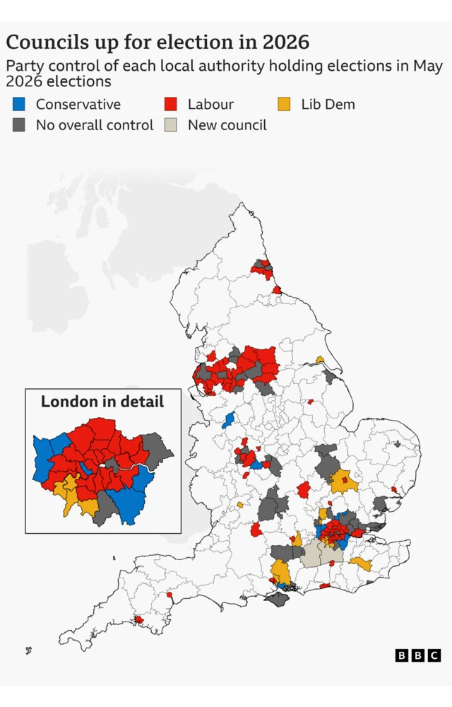 Colour coded map showing the local authorities up for election in England. Most councils up for election are in North West England and London. In both, Labour control most.