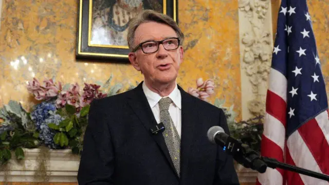 Lord Mandelson speaks into a microphone at the ambassador's residence in Washington. Behind him is a US flag, flowers and a painting on yellow wallpaper.