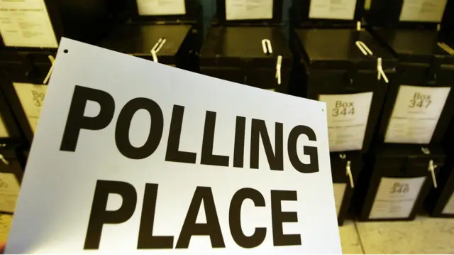 Polling place sign and ballot boxes