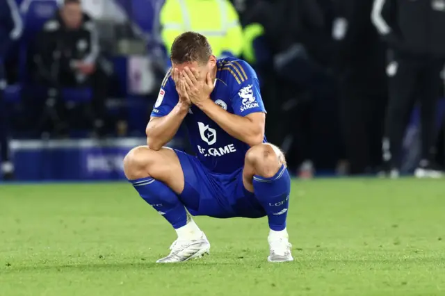 Jannik Vestergaard looks dejected at full time