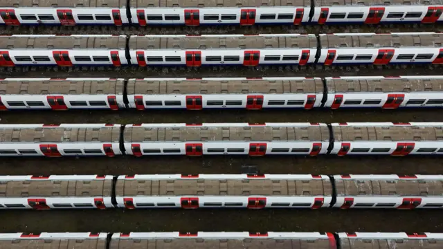 An image made with a drone shows parked underground trains at the Cockfosters Depot in London, Britain, 21 April 2026.