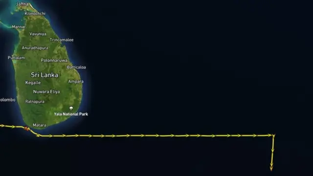 A screengrab from MarineTraffic showing the ship's track east before turn sharply south