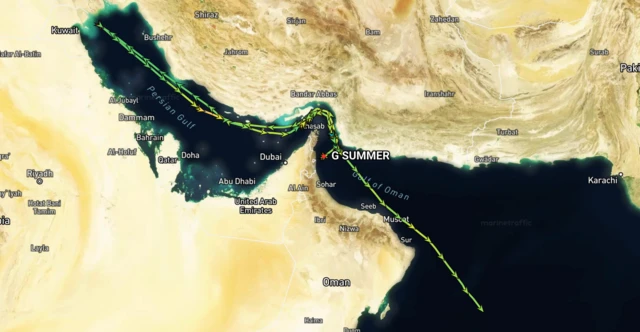 A marine traffic map of the G Summer's path through the Gulf from near Kuwait, through the Strait of Hormuz and into the Arabian Sea