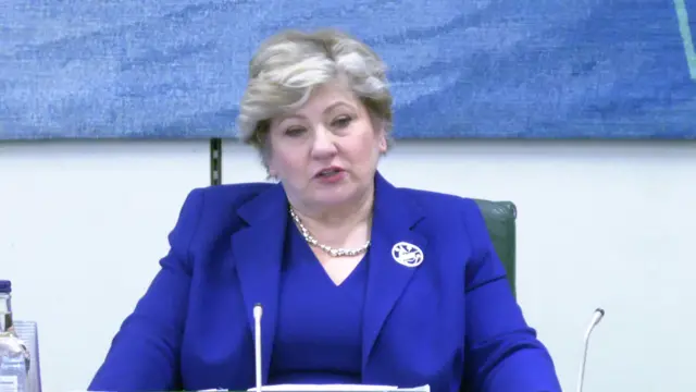 Chair of the committee and Labour MP Emily Thornberry, she is sat behind a small microphone and wearing a blue suit