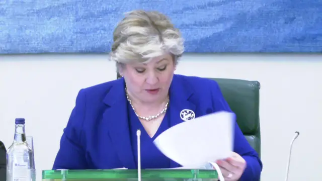 Chair of the Foreign Affairs Committee Emily Thornberry, she is sat behind a small microphone and wearing a blue suit