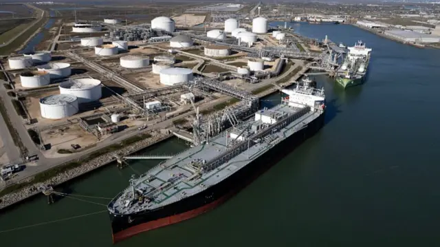 Two oil tankers are seen docked at the Freeport oil terminal in the US (file pic)