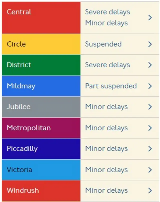 Screengrab of TfL Tube status page