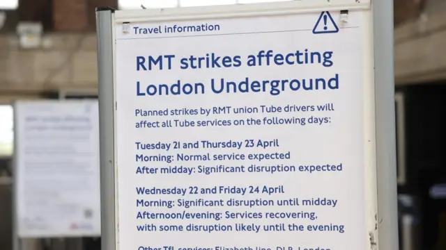 A strike notice at a station in London, Britain, 21 April 2026.