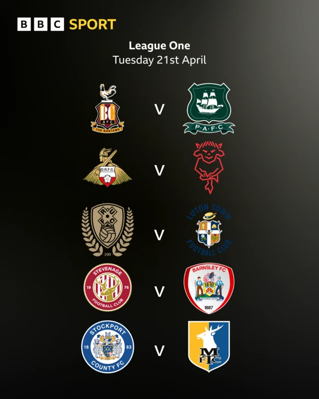 The five League One fixtures listed using the club badges