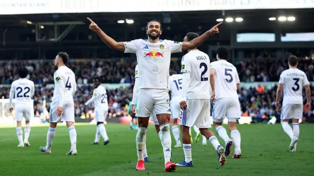 Dominic Calvert-Lewin of Leeds United celebrates scoring his team's third goal during the Premier League match between Leeds United and Wolverhampton Wanderers at Elland Road