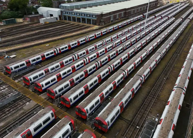 An image made with a drone shows parked underground trains at the Cockfosters Depot in London, Britain, 21 April 2026.