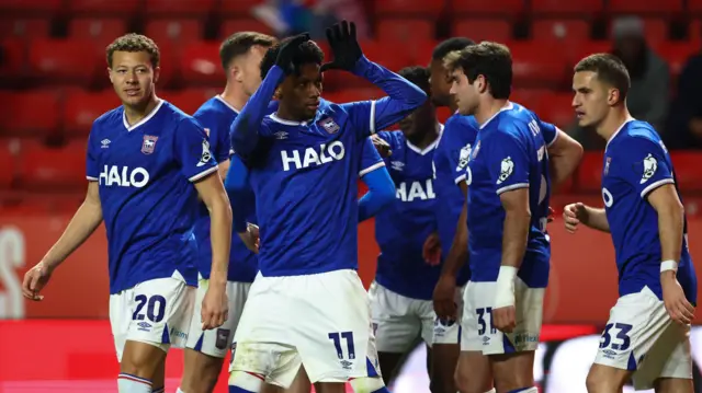 Jaden Philogene celebrating scoring for Ipswich