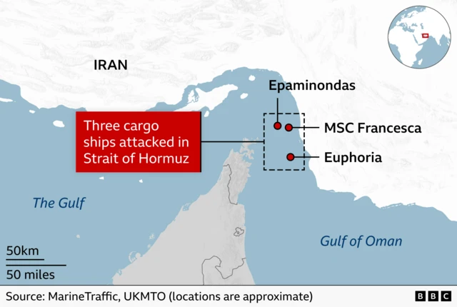 Map of the Strait of Hormuz showing the approximate locations all three ships were attacked in the eastern side of the strait
