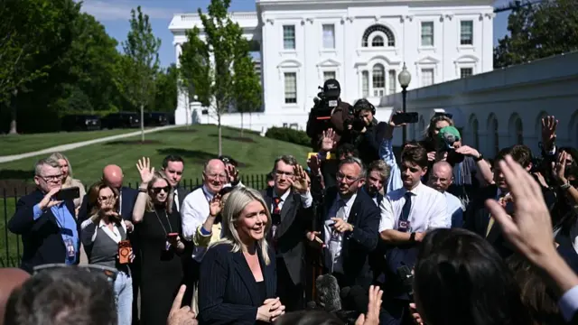 Karoline Leavitt speaks to reporters outside the White House