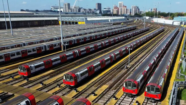 A drone view of Tube trains parked up at Neasden Depot