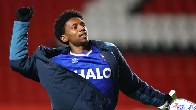 Jaden Philogene celebrating Ipswich's win at Charlton