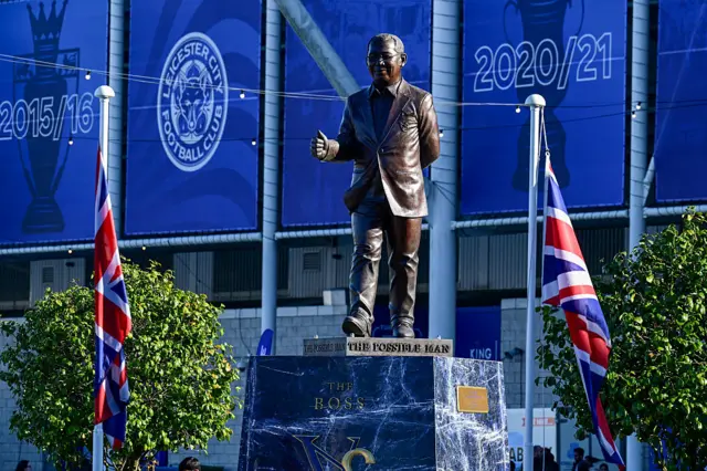 A statue of Vichai Srivaddhanaprabha in front of King Power Stadium