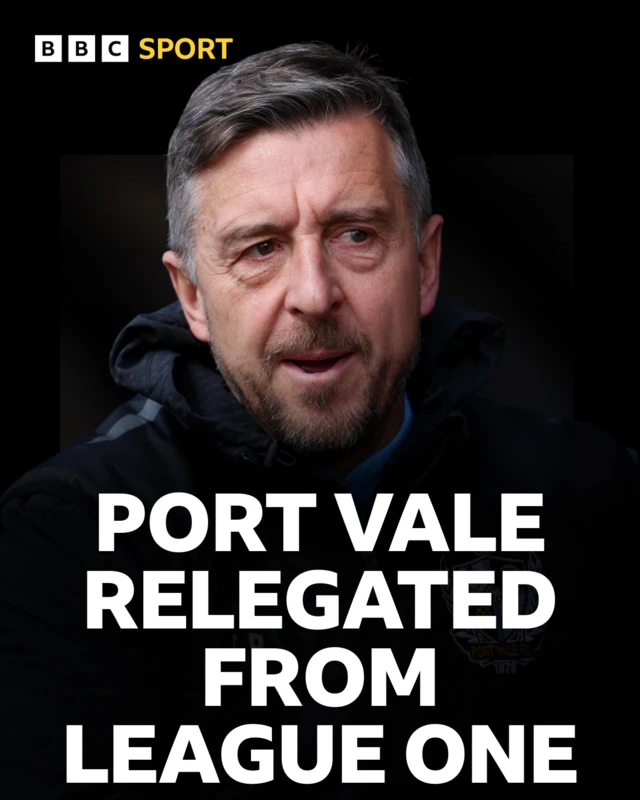 An headline confirming Port Vale's relegation with a photograph of Vale boss Jon Brady