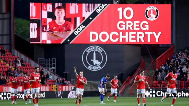 The scoreboard at Charlton showing Greg Docherty as their goalscorer