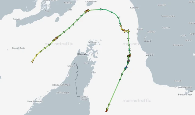 A map of the location data of the ship, which shows it stopped near the coast of the UAE after transiting the Strait