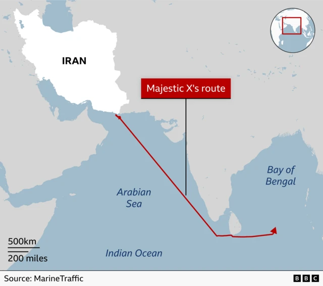A BBC map showing Majestic X/Phonix's route from the Gulf of Oman to east of Sri Lanka, based on ship-tracking data