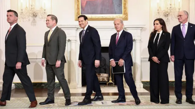 U.S. State Department Counsellor Michael Needham, U.S. Ambassador to the UN Mike Waltz, U.S. Secretary of State Marco Rubio, U.S. Ambassador to Lebanon Michel Issa, Lebanon Ambassador to the U.S. Nada Hamadeh Moawad and Israel Ambassador to the U.S. Yechiel Leiter walk to their meeting at the State Department in Washington DC