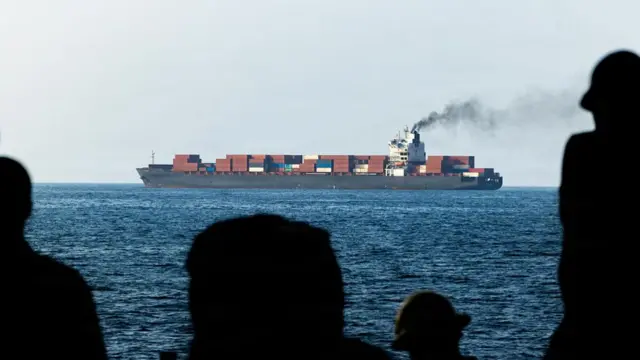 In this handout photo provided by U.S. Central Command, U.S. forces patrol the Arabian Sea near M/V Touska on April 20, 2026