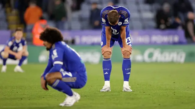 Leicester players looking dejected after their draw with Hull City which confirmed relegation from the Championship