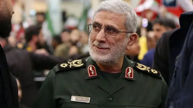 Quds Force Commander Esmail Qaani commemorates Iranian Revolutionary Guards Corps (IRGC) Lieutenant General and Commander of the Quds Force Qasem Soleimani, during a ceremony marking the 6th anniversary of his death, at the Mosallah Mosque in Tehran, Iran, on January 01, 2026