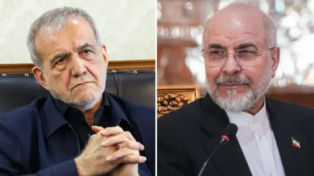 Composite image of  Pezeshkian and Ghalibaf