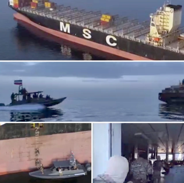 A composite image of grabs from the IRGC video - showing the container ship, a small IRGC speedboat, men climbing on to the ship and armed men inside it