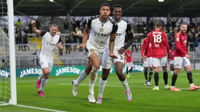 Omar Sowunmi of Bromley FC celebrates the opening goal against Salford during a 2-0 win in November 2025