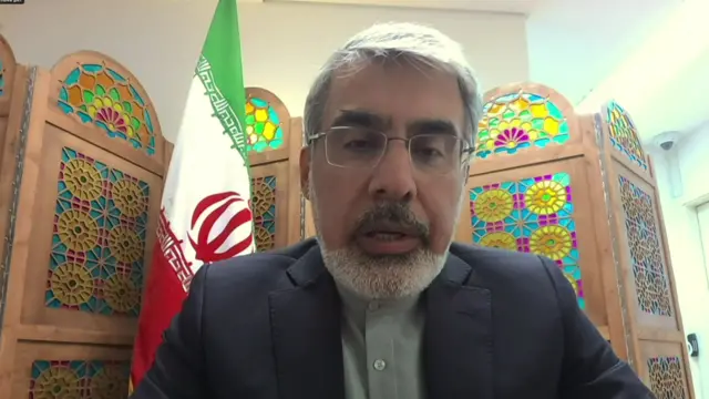 Headshot of Bahreini who sits and looks into the camera in front of an elaborate stained glass room divider and an Iranian flag