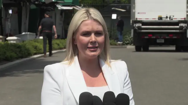 Karoline Leavitt speaking to reporters at microphone