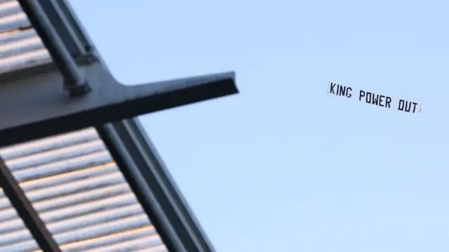 King Power Out banner from a plane at Leicester v Millwall