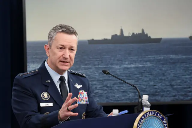 Chiefs of the joint chiefs dan caine mid speech during a briefing at the Pentagon