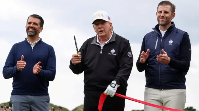 US President Donald Trump officially opens the New Course at Balmedie alongside Eric Trump (left) and Donald Trump Jr (right).