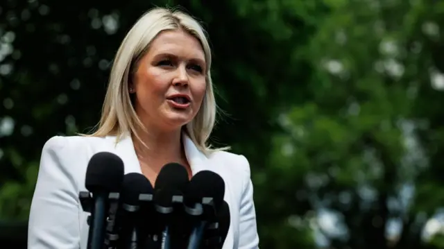 A woman with blonde hair and a white jacket stands behind a bank of microphones with trees in the background